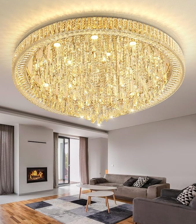 Modern Crystal Chandeliers LED Dimmable Flush Mount Ceiling Chandeliers for Living Room High Ceiling Entrance Foyer Lobby Bedroom Gold