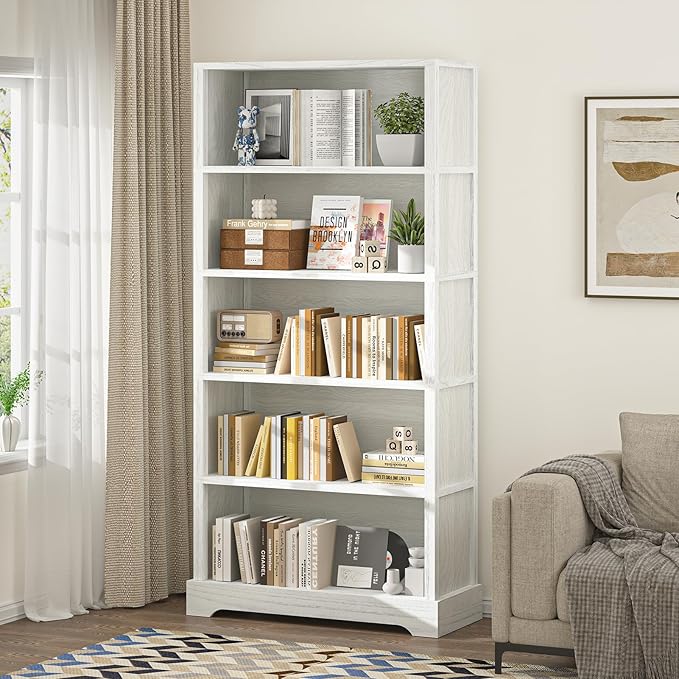 TVU 5-Shelf Wood Bookcase, 65 Inch Tall Bookshelf with Storage, Floor Standing Display Book Shelf,for Living Room Bedroom Study Office,Antique White
