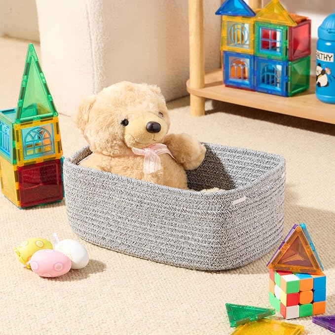 Small Storage Baskets for Organizing | Closet Organizer Bins | Shelf Toy Basket | Woven Rope Baskets | Cube Decorative Box | Shallow Basket | 13x8.5x5.1” | 4 Packs Mixed Grey