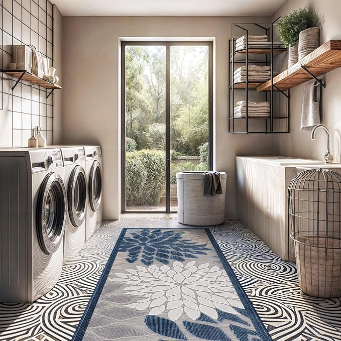 Beverly Rug Outdoor Runner Rug 2x7 Modern Floral Tropical Area Rugs for Indoor and Outdoor Patio Easy to Clean Non Shedding Living Room Porch Garden Washable Outside Carpet (2 x 7 Blue)