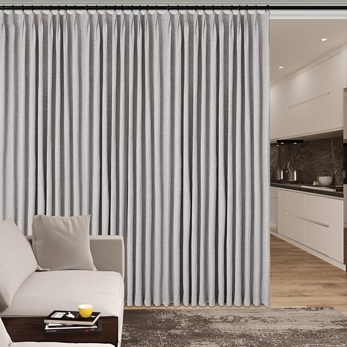 70" W x 108" L Faux Linen Room Divider Curtains, Full Blackout Pinch Pleated Drapes for Traverse Rod, Bedroom Divider Privacy Drapery with Hooks for Ceiling Track, 1 Panel, Browish Grey