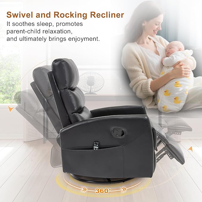 Manual Swivel Rocker Recliner Chair for Adults, Overstuffed Reclining Glider Chair for Nursing with Vibration Massage & Heat, Living Room Rocking Recliner 3-Stage backrest, Faux Leather Black