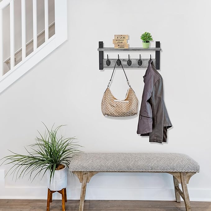 Sorbus Coat Hooks Wall Mount with Shelf – 16 Inch Coat Rack Wall Mount with 5 Heavy Duty Hooks – Floating Wall Shelf with Hooks for Entryway, Bathroom, Bedroom, Kitchen, or Mudroom (Gray)