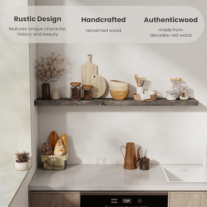 Solid Wood Floating Shelves, 8" Deep Rustic Reclaimed Barnwood Wall Hanging Floating Shelf with Invisible Heavy-Duty Metal Bracket | Wall Mounted | Farmhouse Style | 55 inches,1PC,Grey