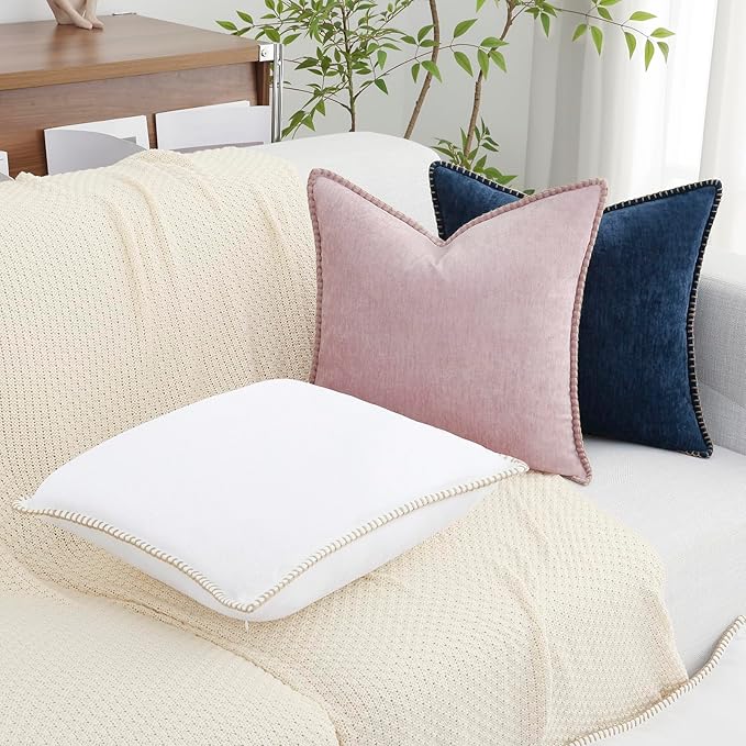 decorUhome Chenille Soft Throw Pillow Covers 18x18 Set of 2, Farmhouse Velvet Neutral Decorative Euro Pillow Covers with Stitched Edge for Couch Sofa Bed Home Decor, White