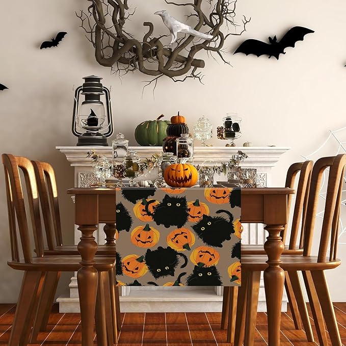 Halloween Table Runner Black Cat Pumpkins Seasonal Kitchen Dining Table Home Outdoor Party Decorations 13x48 Inch