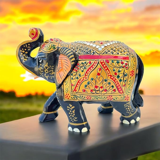 Handcrafted Wooden Elephant Figurine ā Traditional Artwork, Gold & Gemstone Embellishments ā Lucky Decorative Elephant Statue for Prosperity | Beautiful Elefantes Decorativos para Sala (Black & Gold)