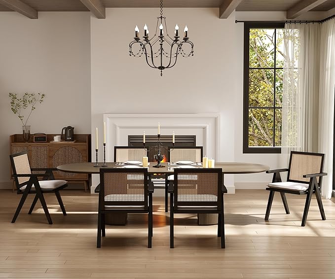 Rattan Dining Chairs Set of 4, Farmhouse Wicker Dining Chairs with Removable Linen Cushion Accent Cane Armchair for Dining Room Kitchen Restaurant, Black