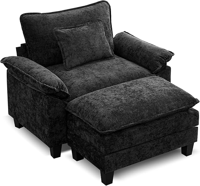 URRED Modular Sectional Sofa Comfy Cloud Couch, Modern Chenille Sofa Sleeper Deep Seat Couches with Ottoman/Pillows for Living Room (Black, 53''- Ottoman)
