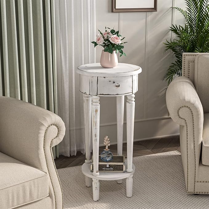 COSIEST Tall End Table with Drawer, Round Nightstand with Storage Shelf, Industrial Telephone End Table for Living Room, Bedroom, Hall Way, Space Saving Beige