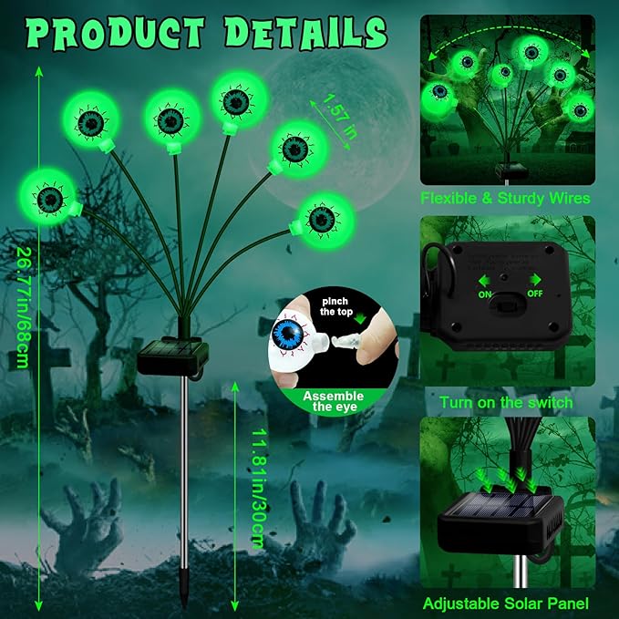 Solar Halloween Decorations, 4 Pack 24 LED Spooky Eyeball Lights, Outdoor Waterproof Solar Green Firefly Lights for Garden Yard Patio Pathway Lawn Halloween Party