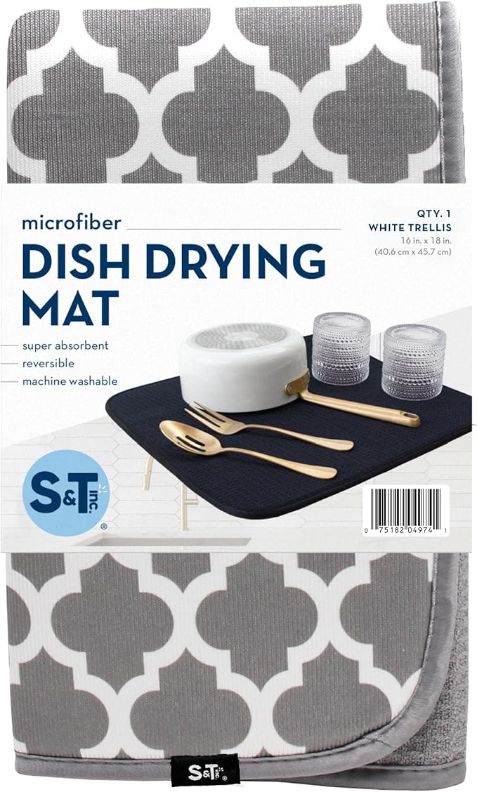 S&T INC. Dish Drying Mat, 16” x 18”, Absorbent Microfiber Kitchen Counter Mat, Dish Drying Pad for Dishes, Utensils, Pots and Pans, Large, White Trellis
