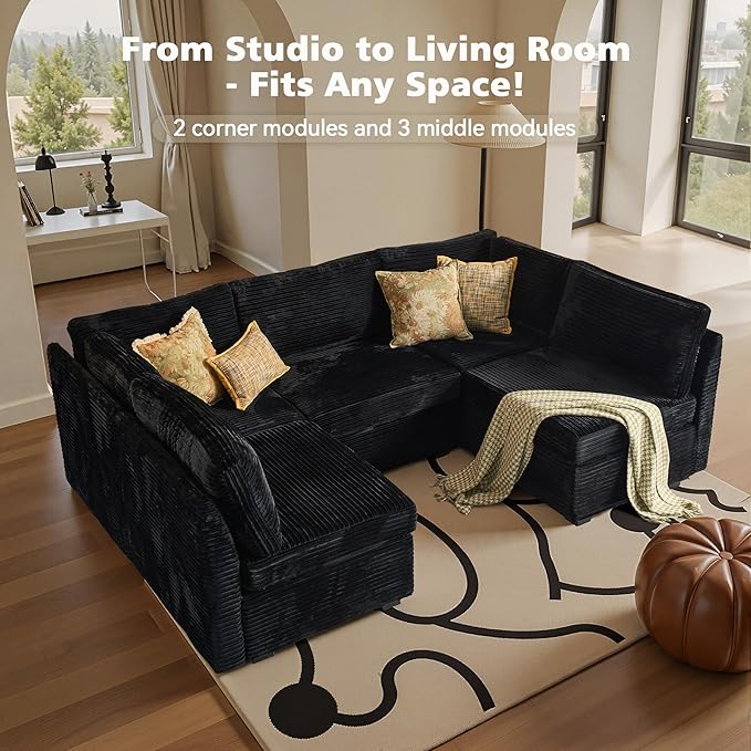Modular Sectional Sofa with Chaise U Shaped Sectional Couch for Living Room, 5-Seater Comfy Cloud Couches, Plush Corduroy, Black