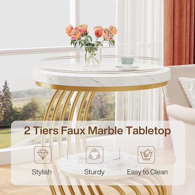Tribesigns Gold Round End Table: 2 Tiers Side Table Set of 2 with Storage Shelf, Modern White Gold Bedside Nightstand, Metal Faux Marble Accent Table for Living Room