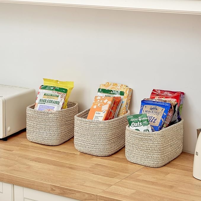 Small Cotton Rope Storage Basket Set of 3-11"x7"x7" Perfect Woven Baskets for Storage, Ideal Storage Baskets for Organizing Toys, Towels, and More - Baskets for Shelves and Home Decor(Beige)
