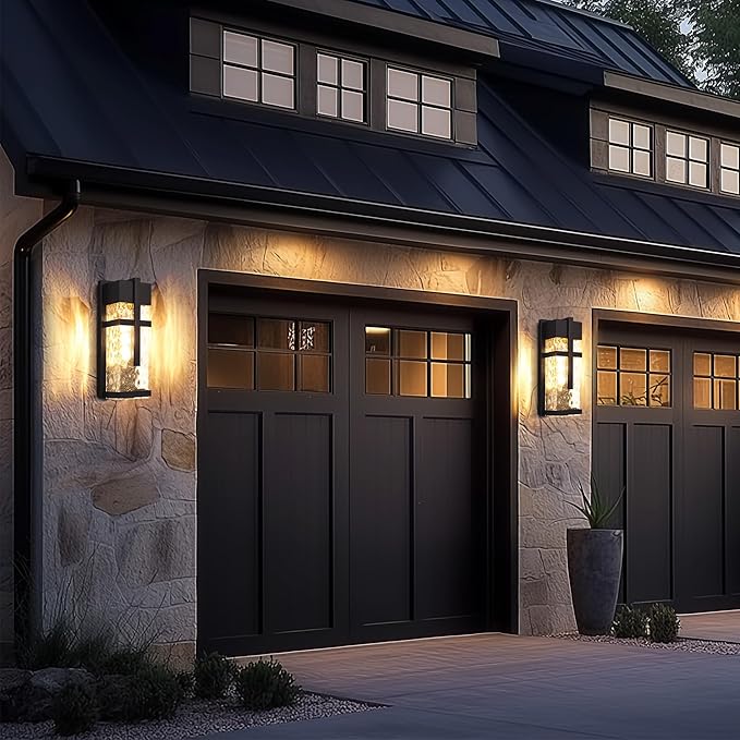 Hammered Glass Outdoor Wall Lantern, Dusk to Dawn Wall Sconce Lighting, 2 Pack Outdoor Light Fixtures, Exterior Porch Light with Waterproof, Modern Wall Lamp for Garage, Doorway, Patio(Bulb Included)