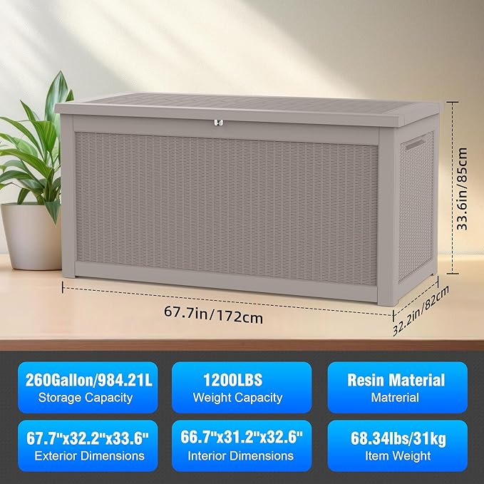 260 Gallon Deck Box XXL Large Outdoor Storage for Patio Furniture,Outdoor Cushions,Garden Tools and Pool Supplies,Waterproof,Resin,Lockable(Grey Rattan)