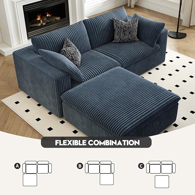 LoveSeat Cloud Couch Modular Sectional Sofa for Living Room,Modern Sofa with Deep Seat,2 Seater Boneless Couch with Ottoman,Comfy Upholstered Couches for Apartment, Studio, Office,Bedroom,Blue