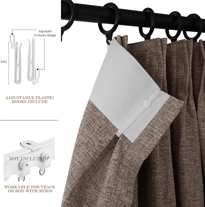 70" W x 108" L Faux Linen Room Divider Curtains, Full Blackout Pinch Pleated Drapes for Traverse Rod, Bedroom Divider Privacy Drapery with Hooks for Ceiling Track, 1 Panel, Light Brown
