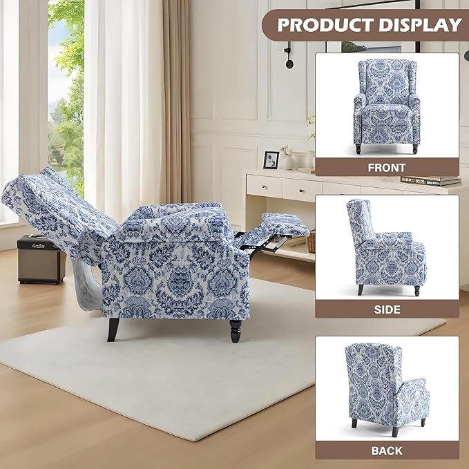 UIXE Floral Pushback Recliner Chairs Set of 2, Fabric Upholstered Armchair Push Back Accent Chair for Living Room, Rivet Trim Club Chair Home Theater Single Sofa Reading Seat - Navy Blue