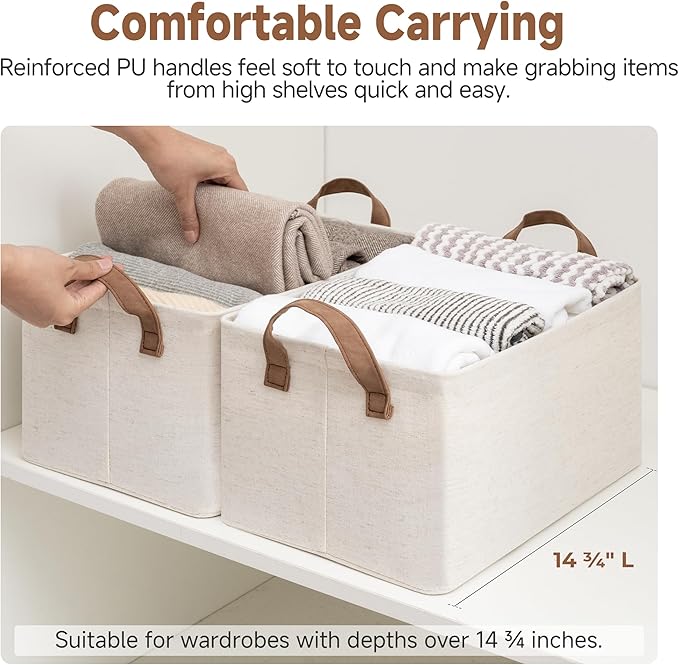 StorageWorks Storage Bins, Shelves Baskets for Organizing, Fabric Closet Organizers with Handles, Metal Frame, Beige(Cotton-linen), 2-Pack