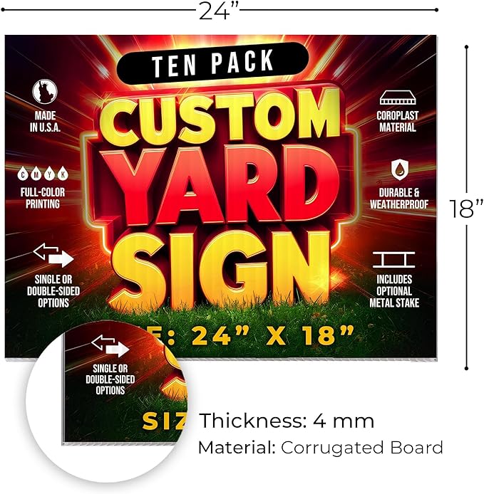 10 Pack 24"x18" Custom Yard Signs with Stakes, Personalized Yard Signs for Outdoors, Customized Full Color Print Corrugated Signs for Business
