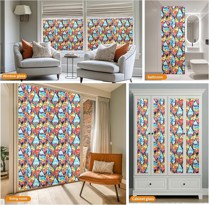 Window Privacy Film Stained Glass Decorative Static Clings Frosted Window Tint for Home Room Decor Bathroom Door Car Stickers with Glittering Effect, Removable(Tulip)