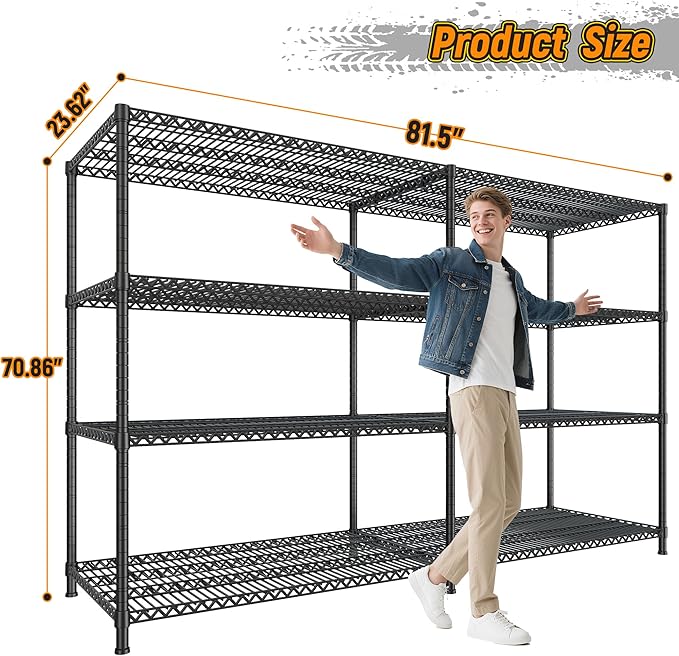 REIBII 81.5''W Storage Shelves 3680LBS Garage Shelving Heavy Duty 4 Tier Metal Shelving Unit Adjustable Wire Shelf and Storage Pantry Shelves for Kitchen Garage, 81.5Wx23.62Dx70.86H,Black, 2PCS