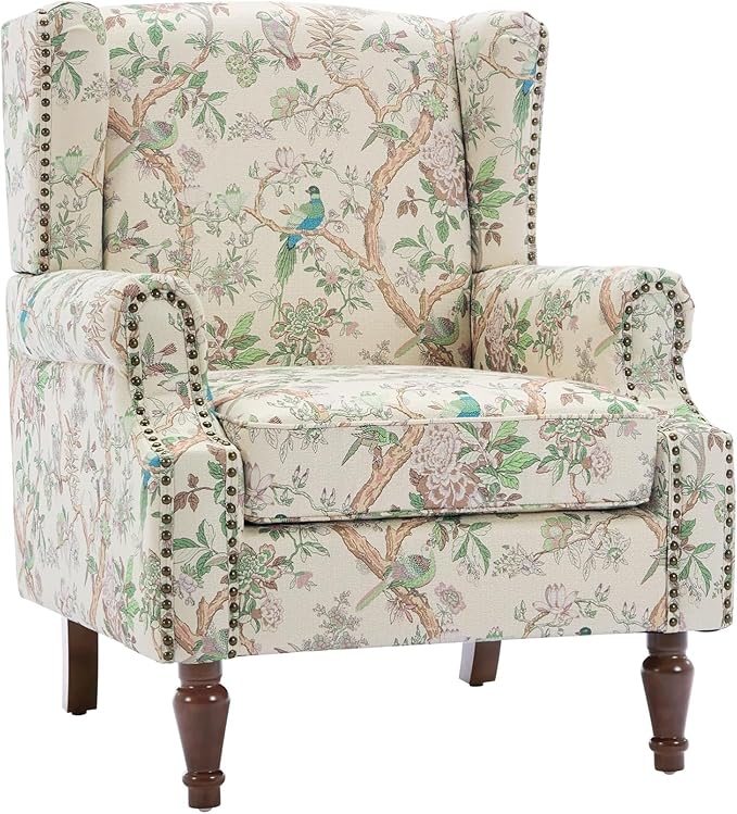 UIXE High Back Floral Accent Chair, Upholstered Armchair in Fabric for Living Room, Retro Printed Wingback Arm Chair Comfy Single Sofa Bedroom Reading Seat with Solid Wood Legs - Bird Pattern