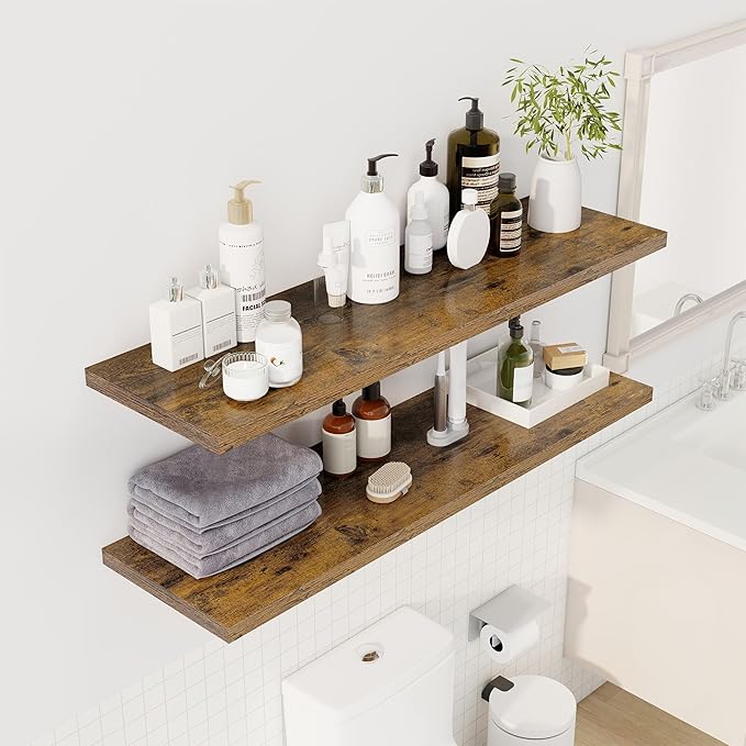 48" Floating Shelves for Wall, 12" Deep Slim Rustic Brown Floating Shelves, Wall-Mounted Shelves for Bedroom, Living Room, Kitchen, Bathroom - Set of 2