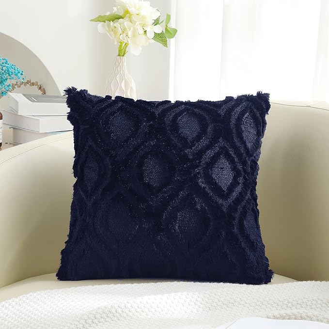 decorUhome Fall Throw Pillow Covers 18x18 Inch Set of 2, Soft Plush Decorative Faux Fur Navy Blue Solid Couch Pillow Covers, Accent Farmhouse Neutral Square Euro Pillow Cases for Sofa Bed Living Room