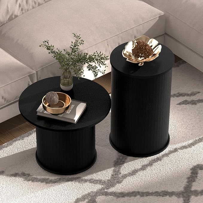 Set of 2 Round Nesting Coffee Tables for Living Room, Fluted Circle Black Wood Coffee and End Table Sets for Apartment, Small Spaces, Bedroom, Modern Style, Easy Assembly & Maintenance