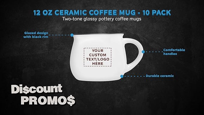 Custom Glazed Campfire Coffee Mugs 12 oz. Set of 10, Personalized Bulk Pack - Perfect for Coffee, Tea, Espresso, Hot Cocoa, Other Beverages - White