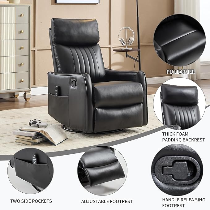 Manual Swivel Rocker Recliner Chair for Adults, Overstuffed Reclining Glider Chair for Nursing with Vibration Massage & Heat, Living Room Rocking Recliner 2-Stage backrest, Faux Leather Black
