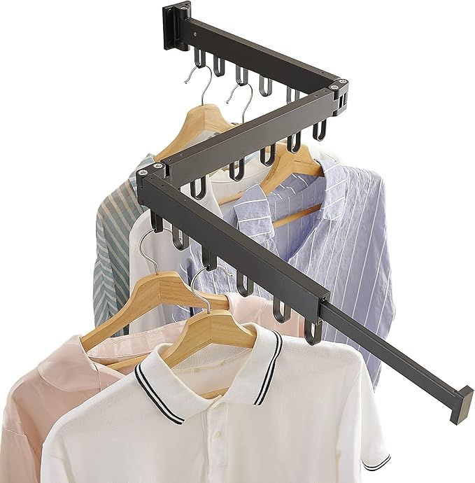 Clothes Drying Rack Wall Mounted, Laundry Drying Rack Collapsible, Space Saving Wall Drying Rack Clothing Foldable, Tri-Fold Retractable Rack Outdoor Indoor with 18 Hooks(Black,Loop-Shape Hooks)