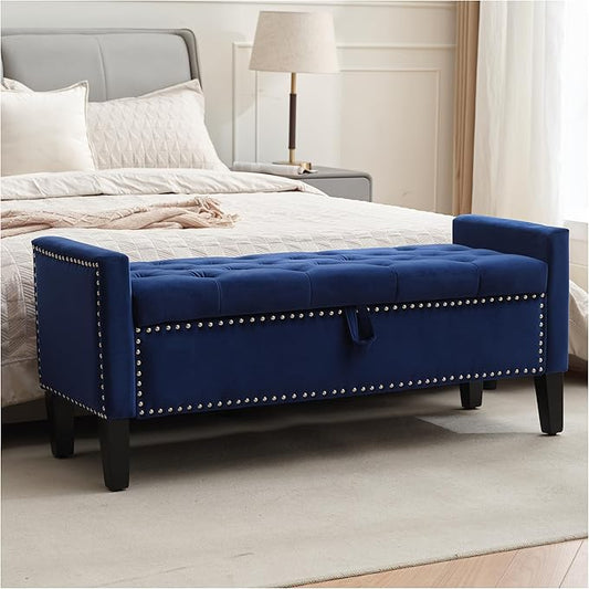 Storage Ottoman Bench, Velvet Upholstered Footstool for Bedroom and Living Room, Tufted Seat with Storage, Wooden Legs & Metal Rivets, Dark Blue