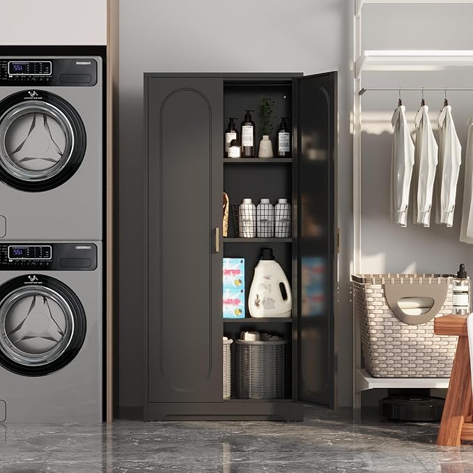 Metal Kitchen Storage Cabinets,60”Pantry Cabinet with Doors and 4 Adjustable Shelves,Tall Black Cabinet for Pantry, Laundry Room,Living Room,Dinning Room