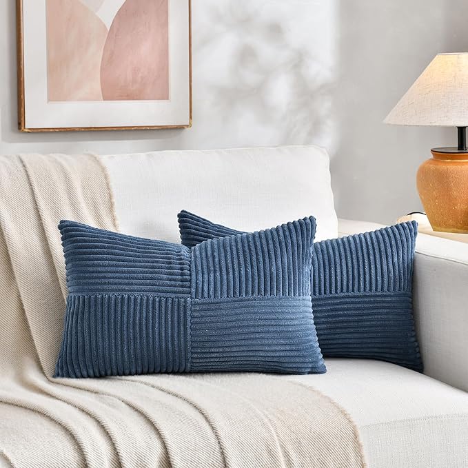 Fancy Homi 2 Packs Dusty Blue Long Lumbar Decorative Throw Pillow Covers 16x24 Inch for Couch Bed Sofa, Rustic Farmhouse Boho Home Decor, Soft Striped Corduroy Rectangle Accent Cushion Case 40x60 cm