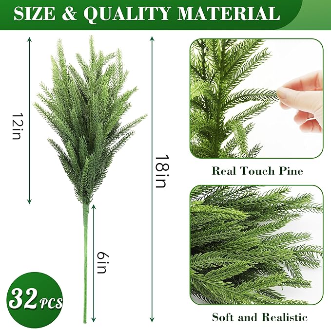 WeGuard 32 Pcs Real Touch Artificial Norfolk Pine Branches, 18 Inches Faux Cedar Pine Stem Fake Christmas Greenery Picks for Vase DIY Garland Wreath Christmas Decor Home Decor