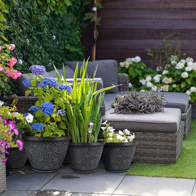 4 Pack 10 Inch Plant Pot for Outdoor Indoor, Plastic Flower Pots with Drainage Hole & Saucer, Lightweight Small Resin Flower Pot, Imitation Magnolia Planter Pots for Garden House(Gray)