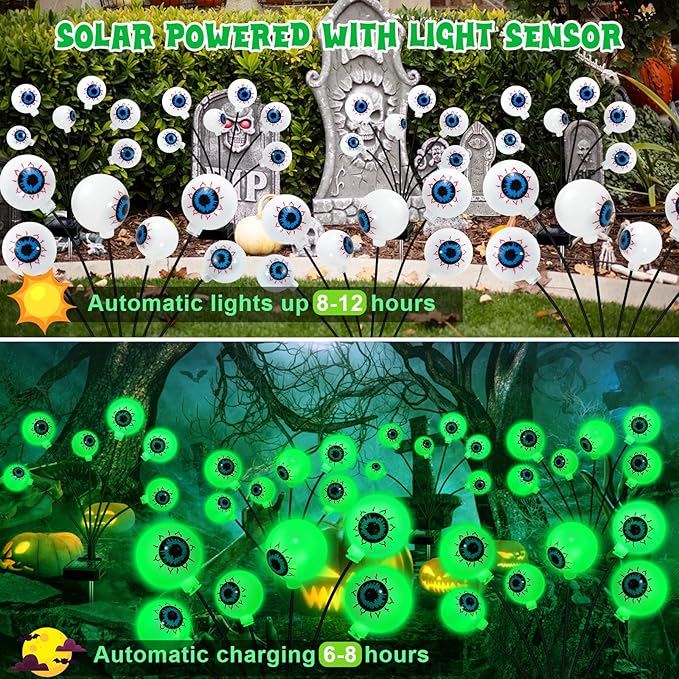 Solar Halloween Decorations, 4 Pack 24 LED Spooky Eyeball Lights, Outdoor Waterproof Solar Green Firefly Lights for Garden Yard Patio Pathway Lawn Halloween Party