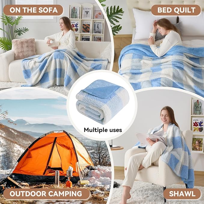 LURKA Checkered Sherpa Fleece Throw Blanket - Extra Thick and Warm Winter Soft Fuzzy Plush Blanket for Couches, Beds & Pets, Glacier, 50x60 Inches