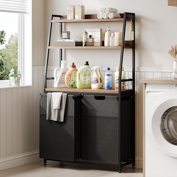 Lulive Double Laundry Hamper with Shelf, Laundry Basket with 3 Tier Storage Shelves & 4 Removable Hooks, Tall Laundry Sorter Clothes Hamper with Pull-Out Bags for Bathroom, Laundry Room