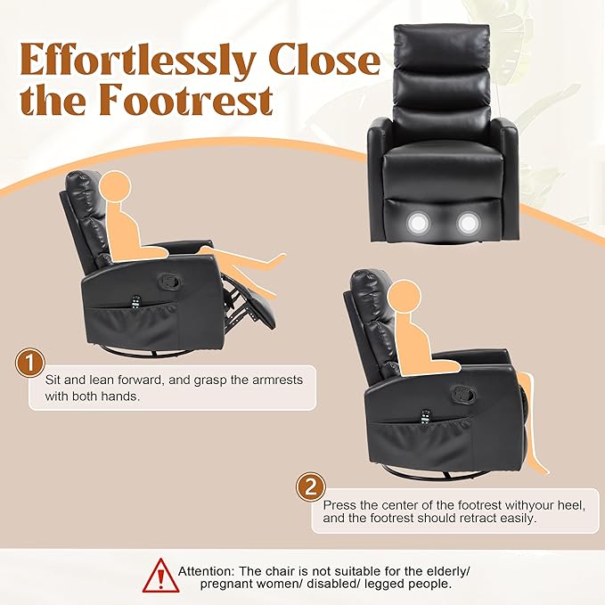 Manual Swivel Rocker Recliner Chair for Adults, Overstuffed Reclining Glider Chair for Nursing with Vibration Massage & Heat, Living Room Rocking Recliner 3-Stage backrest, Faux Leather Black