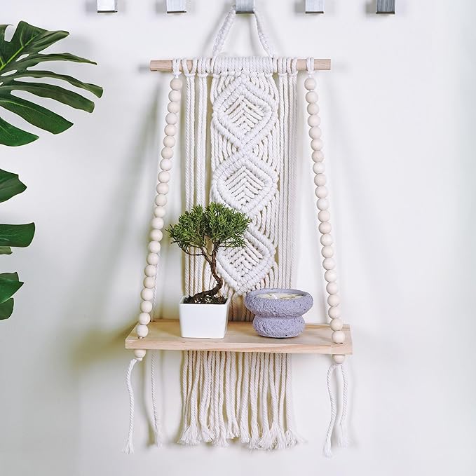 Wooden Macrame Wall Hanging w/Shelf & Sturdy Beaded Rope - Handmade Modern Living Room Decor - Macrame Wall Decor to Securely Hold Plants & More - Beautiful Boho Decorations for Interior Design