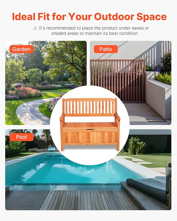 VEVOR Outdoor Storage Bench, 2-Person Wooden Storage Bench, 33 Gallons Deck Box with Side Handle, Supports up to 705 lbs, Weatherproof Outdoor Seating & Porch Decor, for Patio Garden Balcony Yard