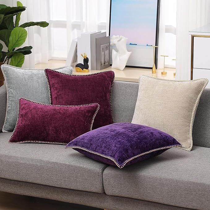 decorUhome Chenille Soft Throw Pillow Covers 18x18 Set of 2, Farmhouse Velvet Neutral Decorative Euro Pillow Covers with Stitched Edge for Couch Sofa Bed Home Decor, Rhododendron