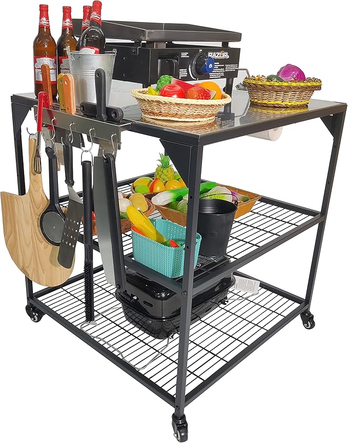 Stainless Steel 3-Tier Mobile Cart for Outdoor Grills & Pizza Ovens
