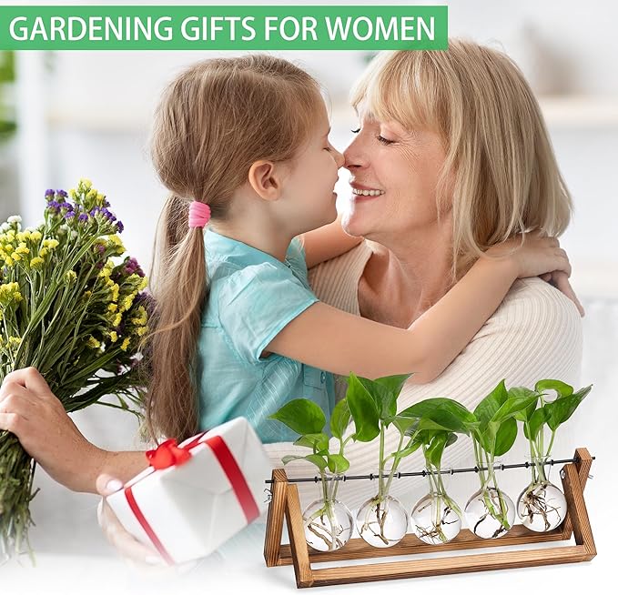 YIBOT Propagation Stations,Plant Terrarium with Wooden Stand,Plant Lover Gifts for Women for Hydroponics Plants Home Garden Wedding Decor(5 Bulb Vase)