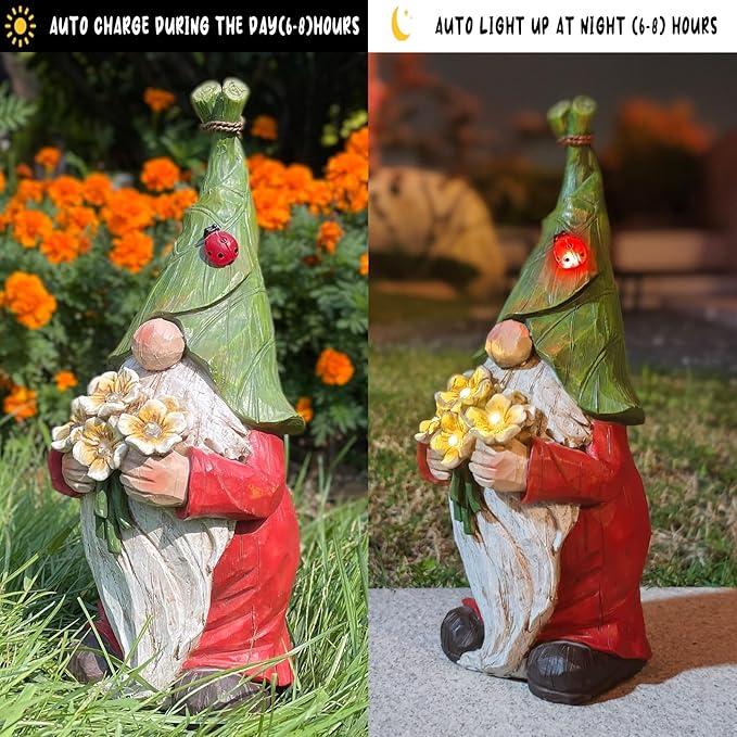 COWOS Garden Gnome Statue Outdoor Decor, Solar Garden Gnome Figurine Light, Resin Statues Sculpture for Patio Yard Lawn Outdoor Decorations